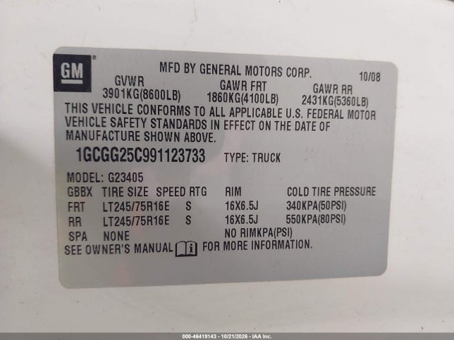 Aukcja sprzedaży 2009 Chevrolet Express 2500 Work Van, vin: 1GCGG25C991123733, numer aukcji: 46419143
