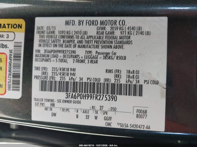 Aukcja sprzedaży 2015 Ford Fusion Se, vin: 3FA6P0H99FR275390, numer aukcji: 46419219