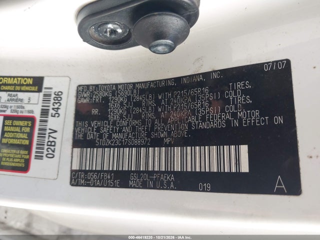 Продаж на аукціоні авто 2007 Toyota Sienna Ce, vin: 5TDZK23C17S088972, номер лоту: 46419220