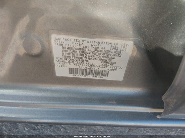Aukcja sprzedaży 2017 Nissan Versa 1.6 S+, vin: 3N1CN7AP4HL895786, numer aukcji: 46419253