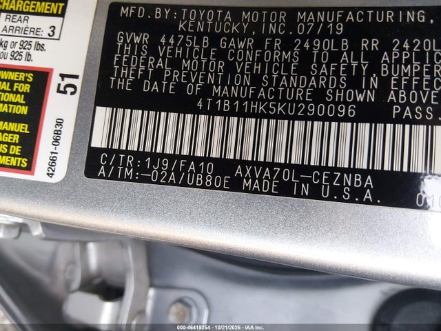 2019 Toyota Camry Le მანქანა იყიდება აუქციონზე, vin: 4T1B11HK5KU290096, აუქციონის ნომერი: 46419254