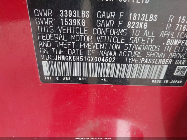 Продажа на аукционе авто 2016 Honda Fit Lx, vin: JHMGK5H51GX004502, номер лота: 46419318
