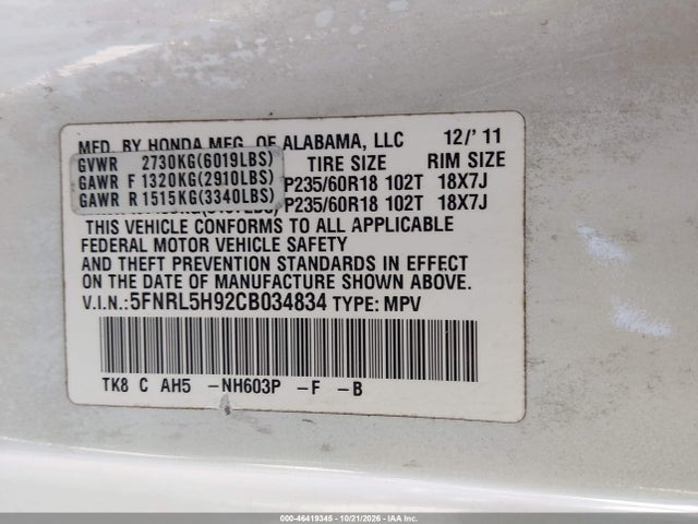 Продаж на аукціоні авто 2012 Honda Odyssey Touring/touring Elite, vin: 5FNRL5H92CB034834, номер лоту: 46419345