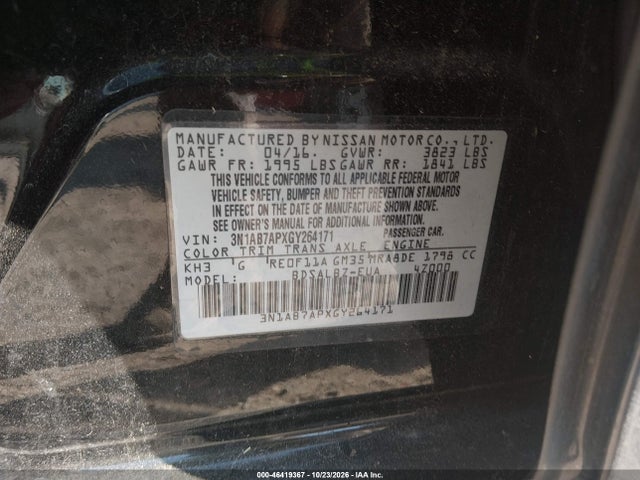 Продаж на аукціоні авто 2016 Nissan Sentra Fe+ S/s/sl/sr/sv, vin: 3N1AB7APXGY264171, номер лоту: 46419367