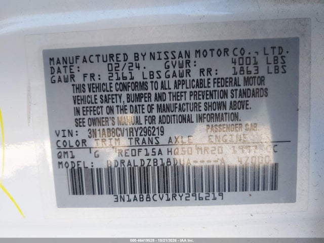 Продаж на аукціоні авто 2024 Nissan Sentra Sv Xtronic Cvt, vin: 3N1AB8CV1RY296219, номер лоту: 46419528
