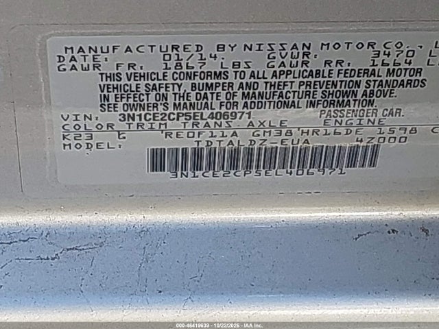 46419639 :رقم المزاد ، 3N1CE2CP5EL406971 vin ، 2014 Nissan Versa Note Sv مزاد بيع