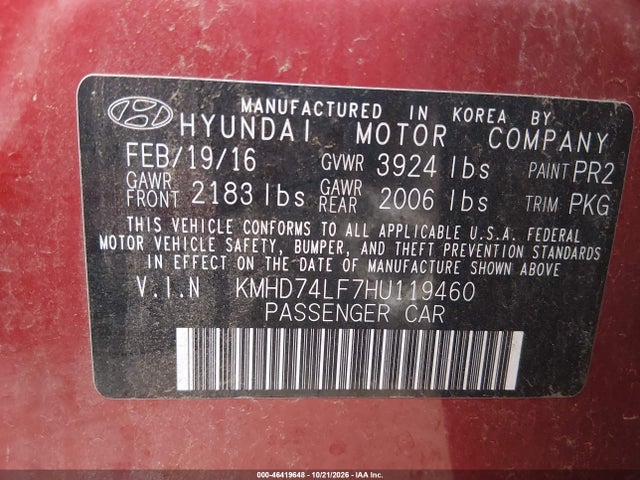 Aukcja sprzedaży 2017 Hyundai Elantra Se, vin: KMHD74LF7HU119460, numer aukcji: 46419648