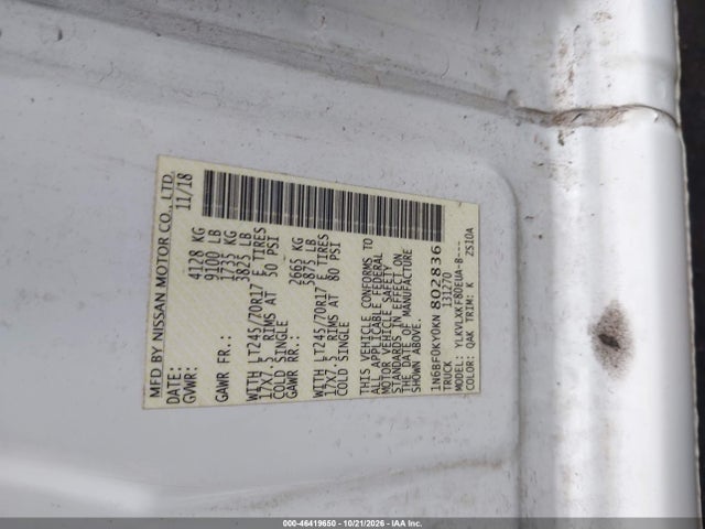 Aukcja sprzedaży 2019 Nissan Nv Cargo Nv2500 Hd Sv V6, vin: 1N6BF0KY0KN802836, numer aukcji: 46419650