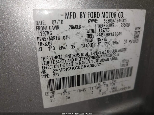 Продажа на аукционе авто 2011 Ford Edge Limited, vin: 2FMDK3KC6BBA08637, номер лота: 46419676
