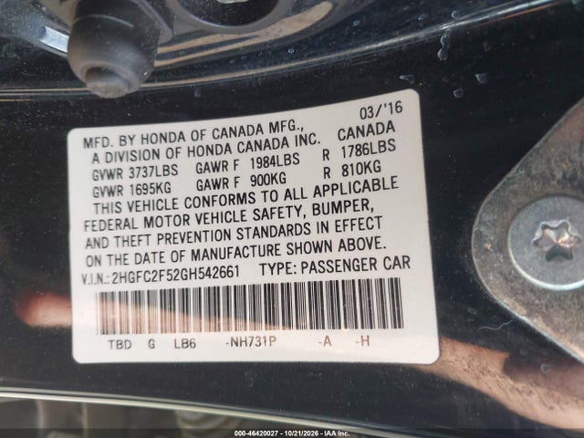 Продажа на аукционе авто 2016 Honda Civic Lx, vin: 2HGFC2F52GH542661, номер лота: 46420027