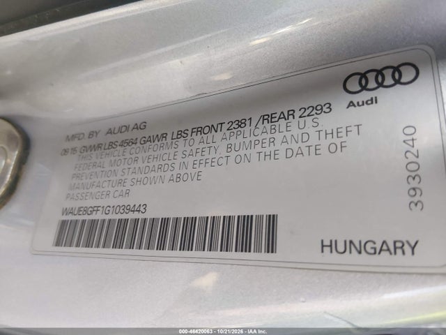 46420063 :رقم المزاد ، WAUE8GFF1G1039443 vin ، 2016 Audi A3 2.0t Premium مزاد بيع