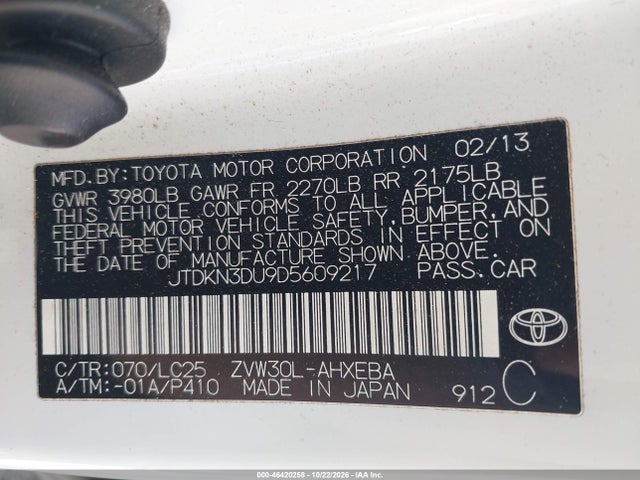 46420258 :رقم المزاد ، JTDKN3DU9D5609217 vin ، 2013 Toyota Prius Three Se مزاد بيع