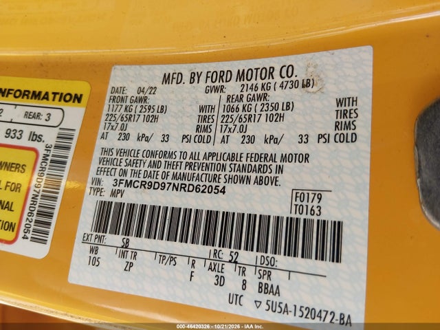 46420326 :رقم المزاد ، 3FMCR9D97NRD62054 vin ، 2022 Ford Bronco Sport Badlands مزاد بيع