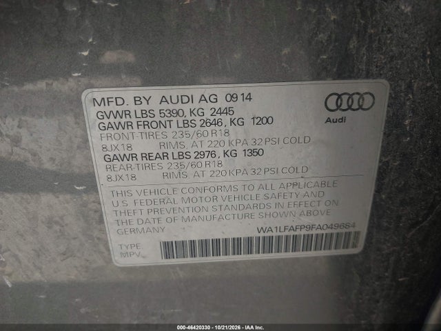 46420330 :رقم المزاد ، WA1LFAFP9FA049684 vin ، 2015 Audi Q5 2.0t Premium مزاد بيع