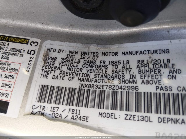 46420434 :رقم المزاد ، 1NXBR32E78Z042996 vin ، 2008 Toyota Corolla Le مزاد بيع