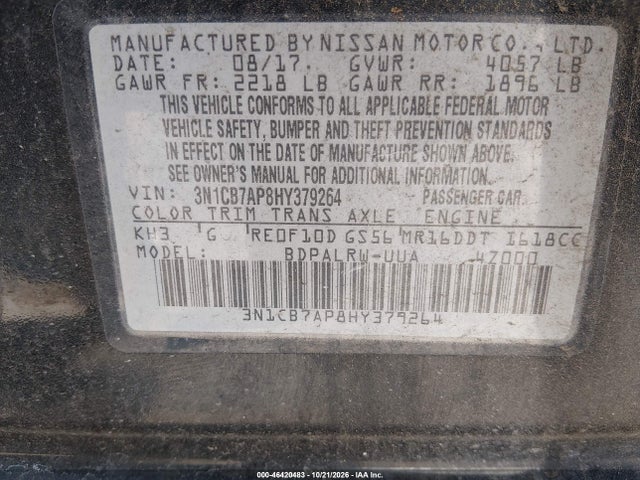 Aukcja sprzedaży 2017 Nissan Sentra Sr Turbo, vin: 3N1CB7AP8HY379264, numer aukcji: 46420483