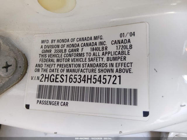 46420662 :رقم المزاد ، 2HGES16534H545721 vin ، 2004 Honda Civic Lx مزاد بيع