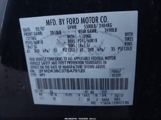 Продаж на аукціоні авто 2007 Ford Edge Sel, vin: 2FMDK38C37BA76120, номер лоту: 46420784
