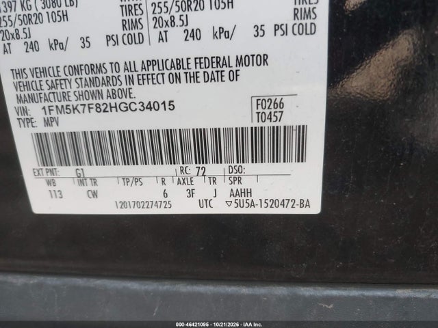 Aukcja sprzedaży 2017 Ford Explorer Limited, vin: 1FM5K7F82HGC34015, numer aukcji: 46421095