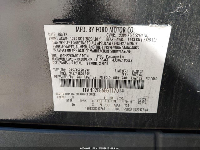 Продаж на аукціоні авто 2014 Ford Taurus Sel, vin: 1FAHP2E86EG117014, номер лоту: 46421106