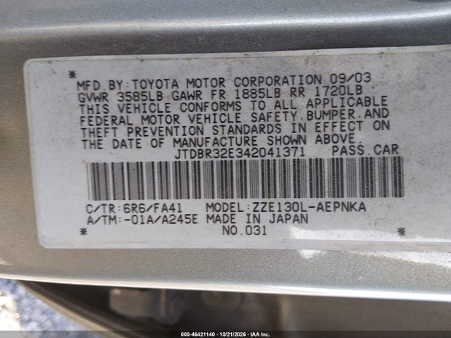 Продажа на аукционе авто 2004 Toyota Corolla Le, vin: JTDBR32E342041371, номер лота: 46421140