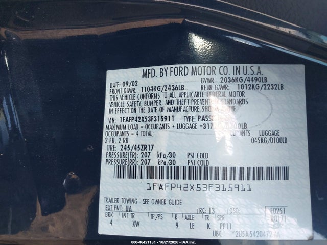 Aukcja sprzedaży 2003 Ford Mustang Gt, vin: 1FAFP42X53F315911, numer aukcji: 46421181