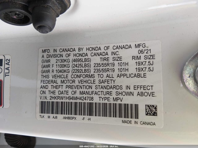 Aukcja sprzedaży 2021 Honda Cr-v 2wd Touring, vin: 2HKRW1H94MH424708, numer aukcji: 46421202