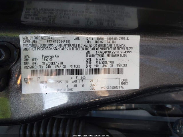 2016 Ford Focus Se მანქანა იყიდება აუქციონზე, vin: 1FADP3K22GL254191, აუქციონის ნომერი: 46421218