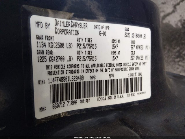 Aukcja sprzedaży 2001 Jeep Cherokee Sport, vin: 1J4FF48S01L620489, numer aukcji: 46421276