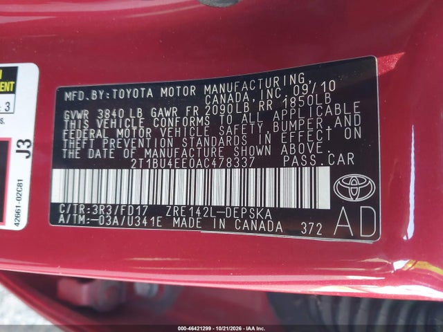 Продаж на аукціоні авто 2010 Toyota Corolla S, vin: 2T1BU4EE0AC478337, номер лоту: 46421299