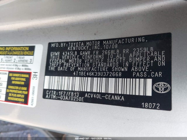 46421307 :رقم المزاد ، 4T1BE46K39U372668 vin ، 2009 Toyota Camry Le مزاد بيع