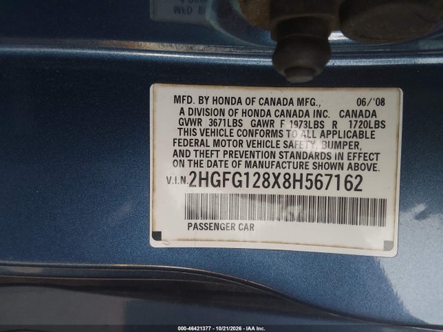 Продаж на аукціоні авто 2008 Honda Civic Ex, vin: 2HGFG128X8H567162, номер лоту: 46421377