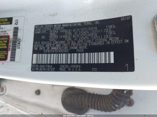 46421431 :رقم المزاد ، 5TFBT54157X005857 vin ، 2007 Toyota Tundra Sr5 4.7l V8 مزاد بيع