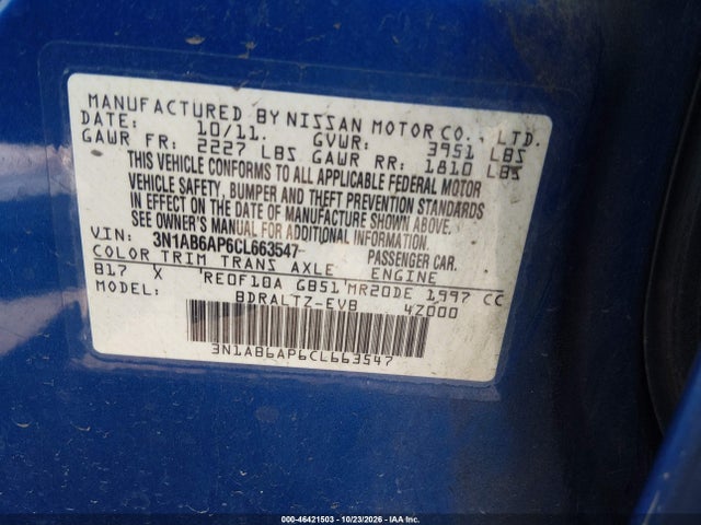 2012 Nissan Sentra 2.0 Sr მანქანა იყიდება აუქციონზე, vin: 3N1AB6AP6CL663547, აუქციონის ნომერი: 46421503