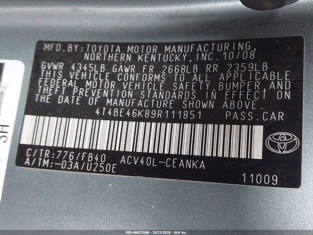 Aukcja sprzedaży 2009 Toyota Camry Le, vin: 4T4BE46K89R111851, numer aukcji: 46421566