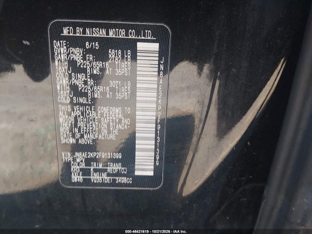 2015 Nissan Quest Platinum/s/sl/sv მანქანა იყიდება აუქციონზე, vin: JN8AE2KP2F9131399, აუქციონის ნომერი: 46421619