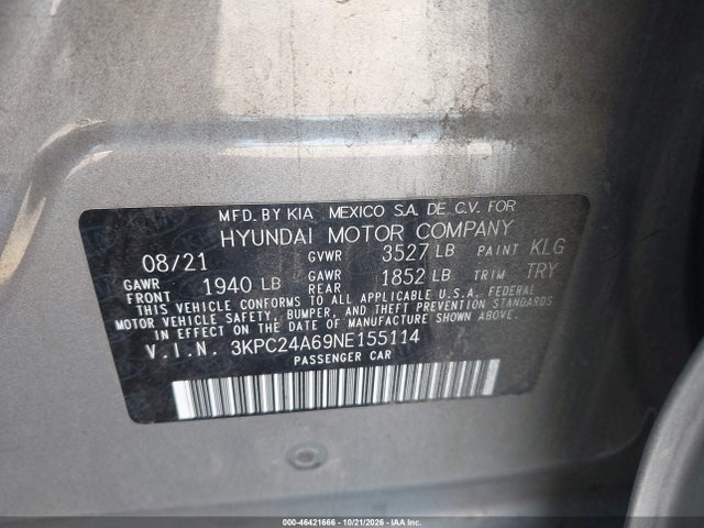 Продаж на аукціоні авто 2022 Hyundai Accent Se, vin: 3KPC24A69NE155114, номер лоту: 46421666