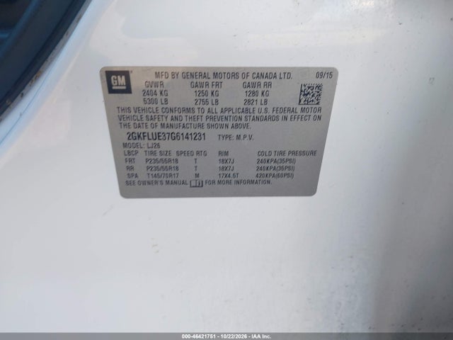 Aukcja sprzedaży 2016 Gmc Terrain Slt, vin: 2GKFLUE37G6141231, numer aukcji: 46421751