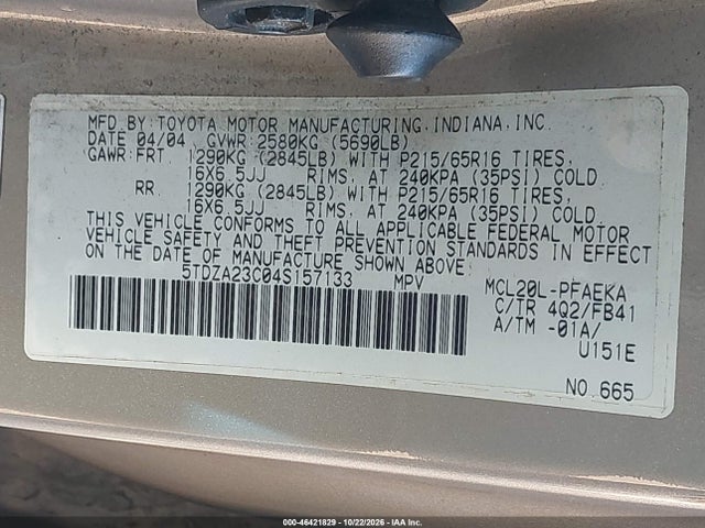 2004 Toyota Sienna Le მანქანა იყიდება აუქციონზე, vin: 5TDZA23C04S157133, აუქციონის ნომერი: 46421829