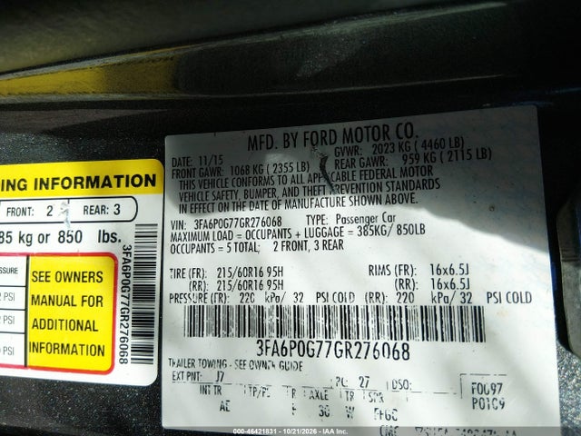 Aukcja sprzedaży 2016 Ford Fusion S, vin: 3FA6P0G77GR276068, numer aukcji: 46421831