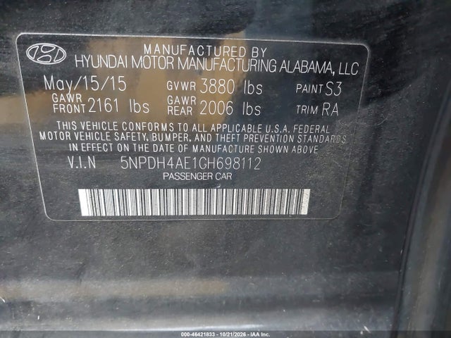 46421833 :رقم المزاد ، 5NPDH4AE1GH698112 vin ، 2016 Hyundai Elantra Se مزاد بيع