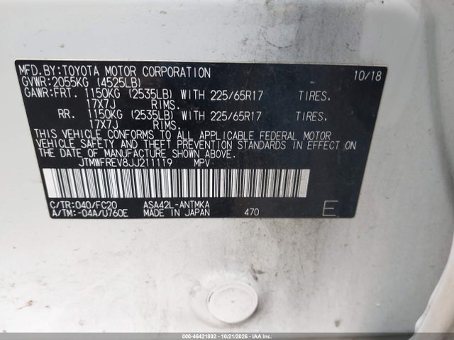 Aukcja sprzedaży 2018 Toyota Rav4 Xle, vin: JTMWFREV8JJ211119, numer aukcji: 46421892