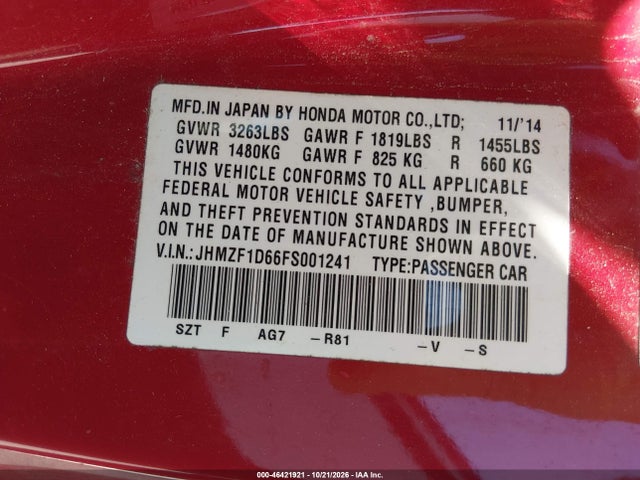 2015 Honda Cr-z Ex მანქანა იყიდება აუქციონზე, vin: JHMZF1D66FS001241, აუქციონის ნომერი: 46421921