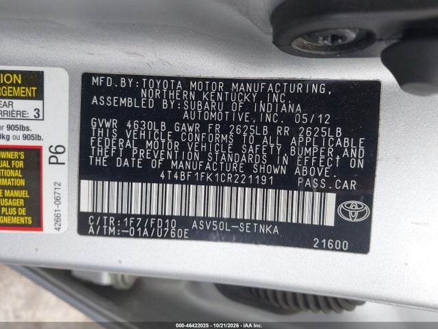 46422025 :رقم المزاد ، 4T4BF1FK1CR221191 vin ، 2012 Toyota Camry Le مزاد بيع
