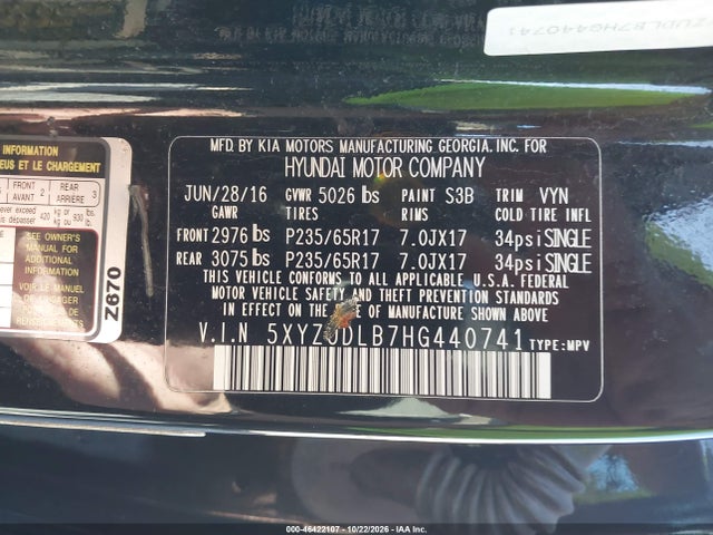 46422107 :رقم المزاد ، 5XYZUDLB7HG440741 vin ، 2017 Hyundai Santa Fe Sport 2.4l مزاد بيع