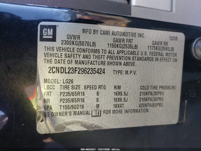 46422221 :رقم المزاد ، 2CNDL23F296235424 vin ، 2009 Chevrolet Equinox Ls مزاد بيع