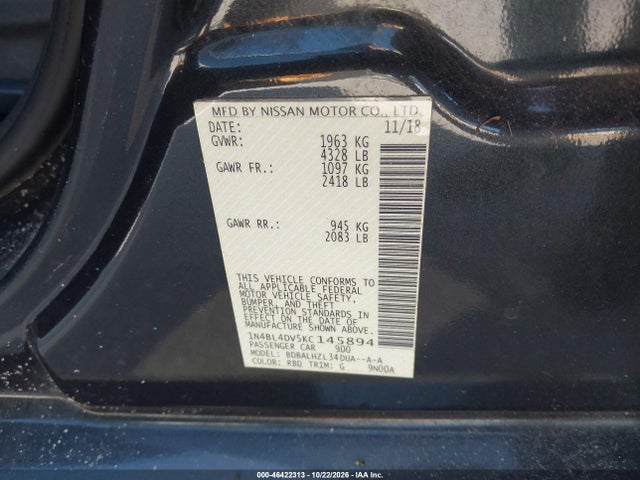 Продаж на аукціоні авто 2019 Nissan Altima 2.5 Sv, vin: 1N4BL4DV5KC145894, номер лоту: 46422313