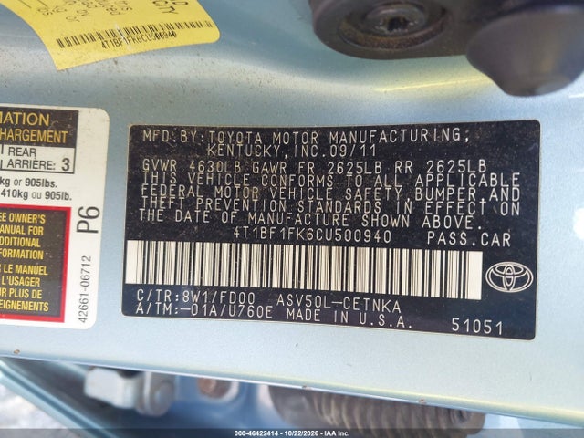 2012 Toyota Camry Le მანქანა იყიდება აუქციონზე, vin: 4T1BF1FK6CU500940, აუქციონის ნომერი: 46422414