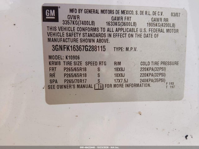 Aukcja sprzedaży 2007 Chevrolet Suburban 1500 Lt, vin: 3GNFK16367G288115, numer aukcji: 46422448