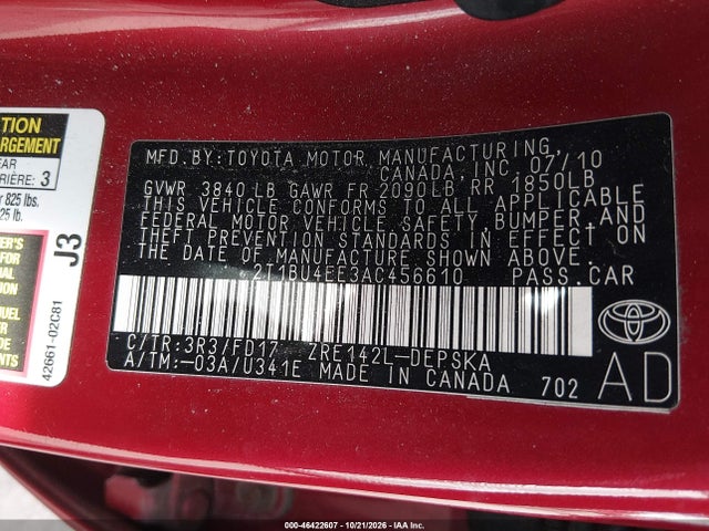 46422607 :رقم المزاد ، 2T1BU4EE3AC456610 vin ، 2010 Toyota Corolla S مزاد بيع